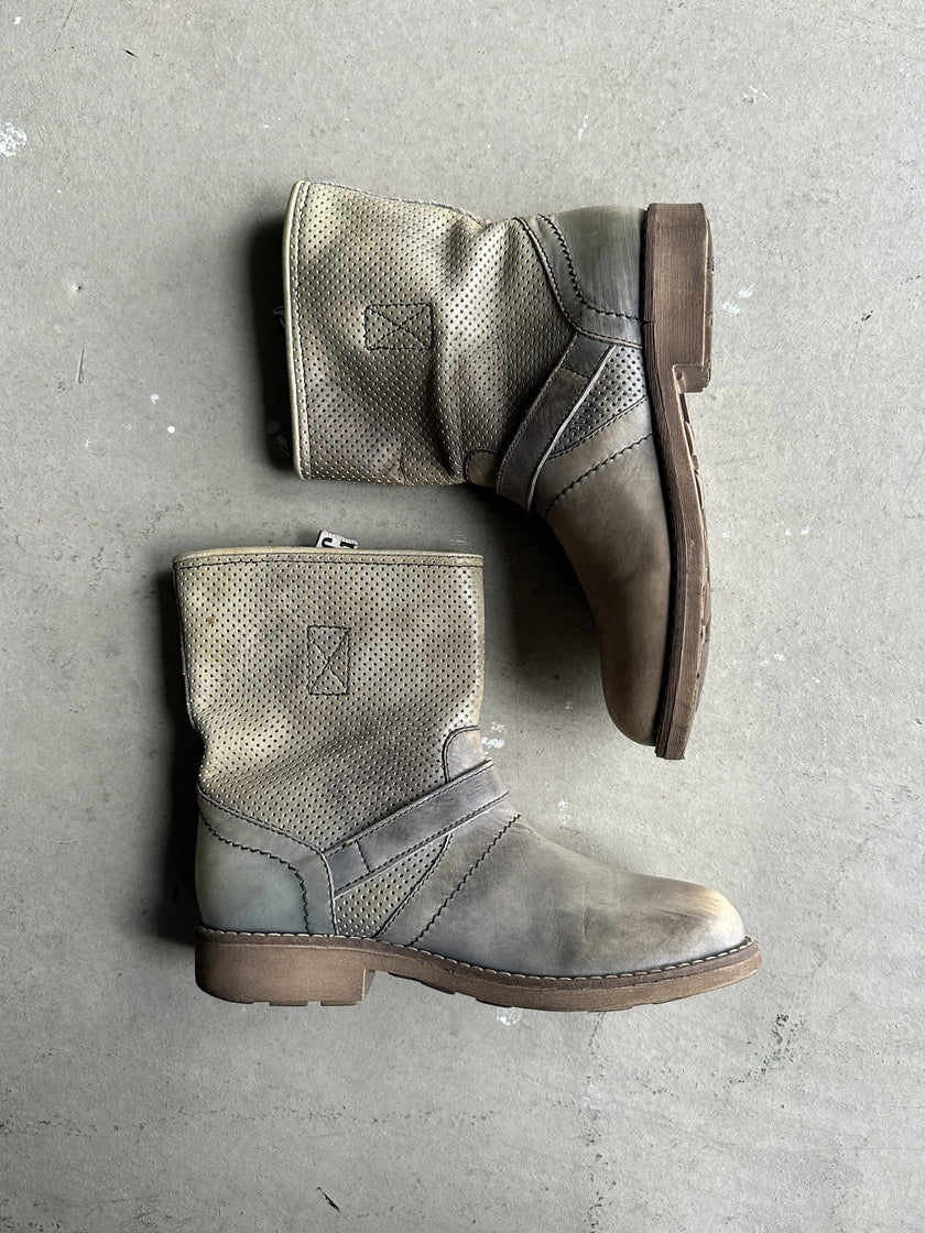 BIKKEMBERGS - 2000s PERFORATED DISTRESSED LEATHER ANKLE BOOTS