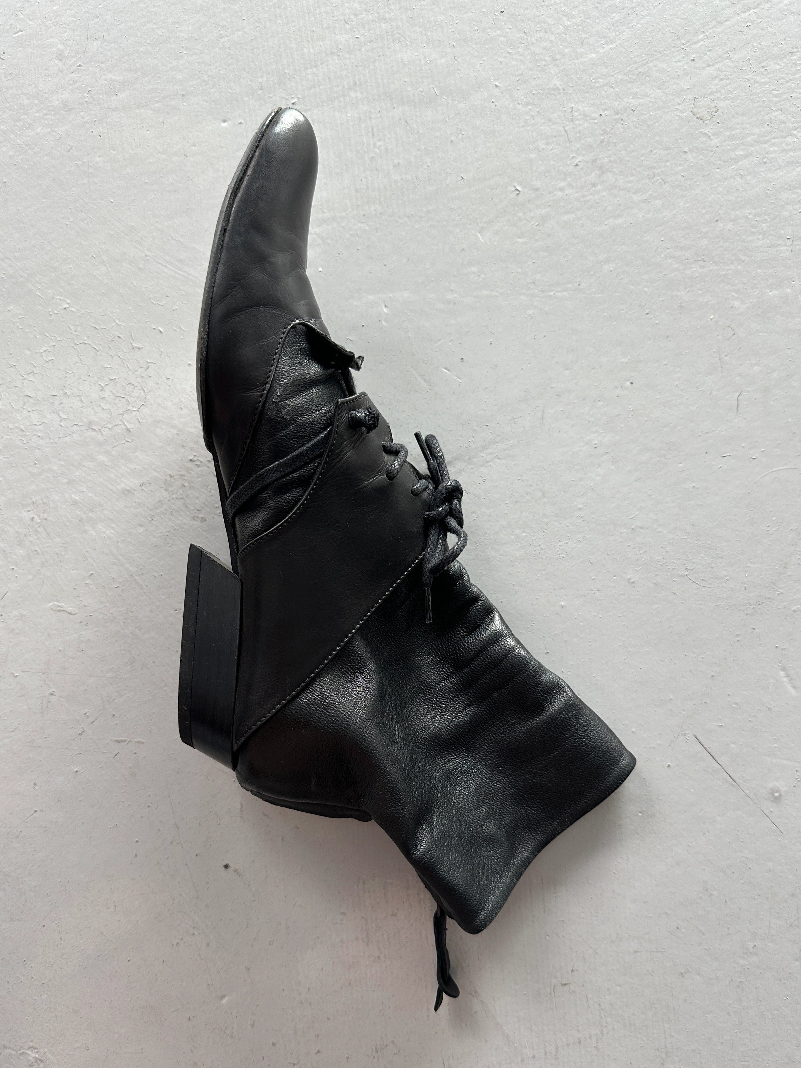 MARITHÉ + FRANÇOIS GIRBAUD - early 2000s SOFT LEATHER ANKLE BOOTS WITH LACE WRAPAROUND DETAILING