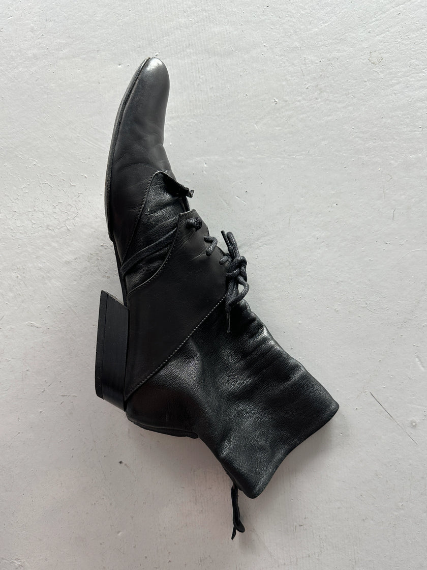 MARITHÉ + FRANÇOIS GIRBAUD - early 2000s SOFT LEATHER ANKLE BOOTS WITH LACE WRAPAROUND DETAILING