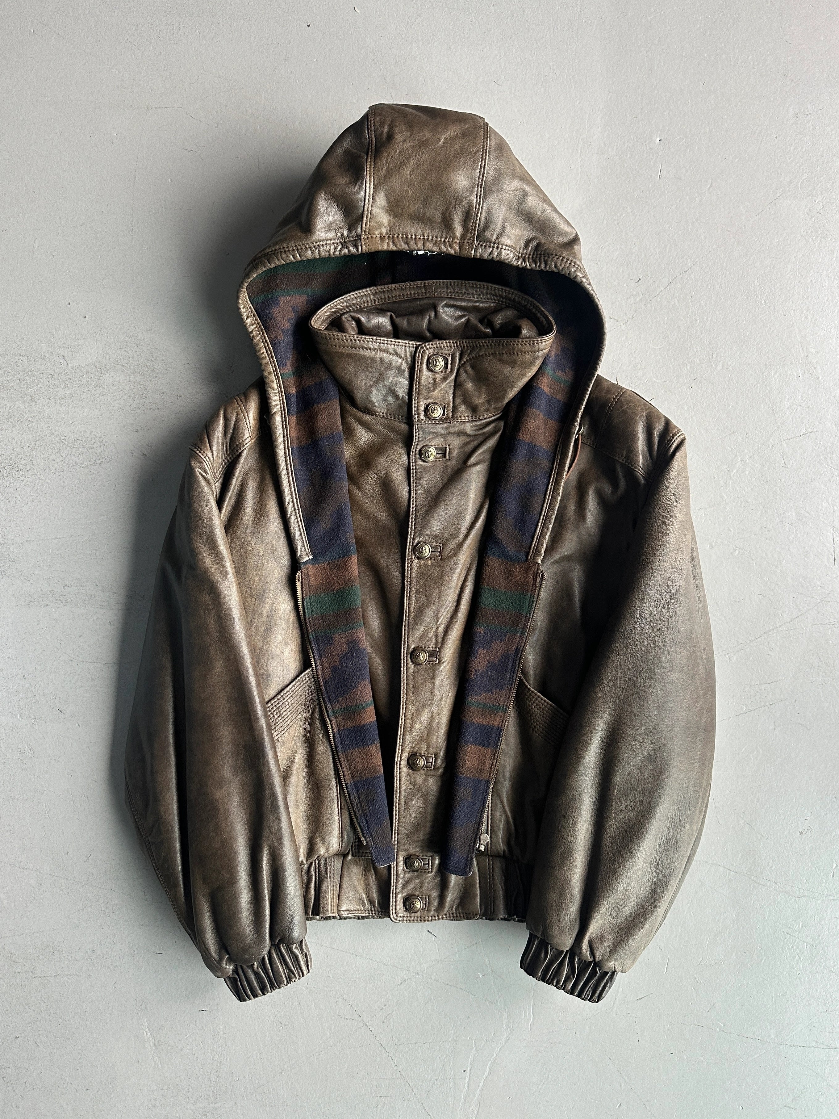 ITALIAN LABEL 1980s LAYERED LEATHER JACKET WITH REMOVABLE HOOD PANEL