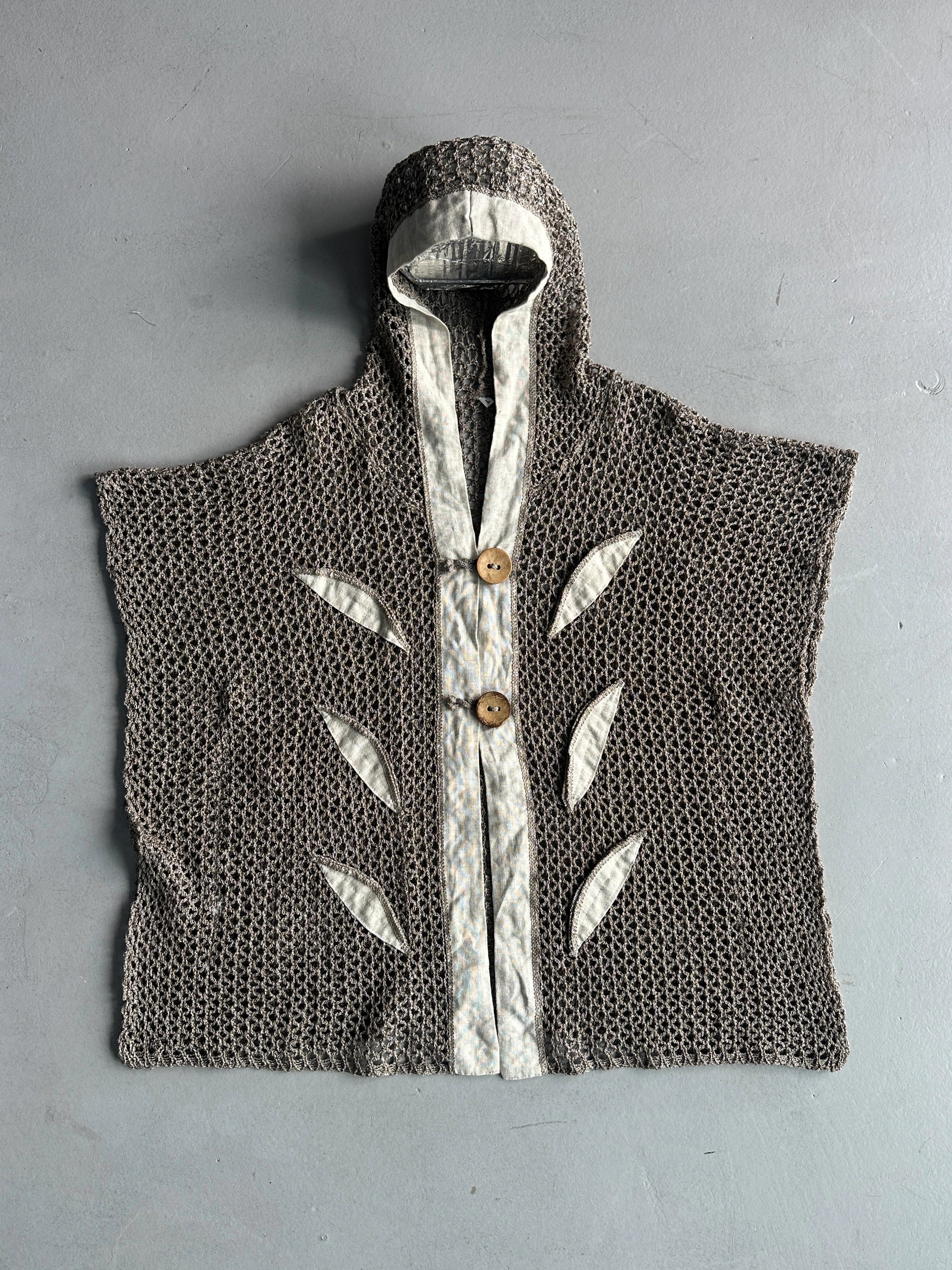 1990s OPEN KNIT HOODED CARDIGAN WITH LINEN DETAILS