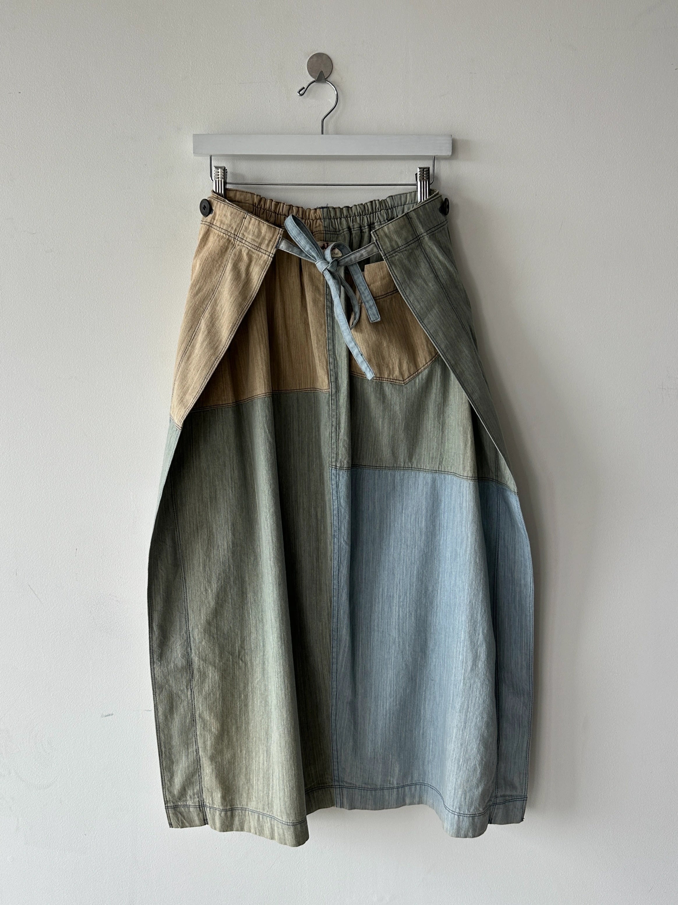 ISSEY MIYAKE HAI - 1980s PATCHWORK DENIM MAXI WRAP SKIRT