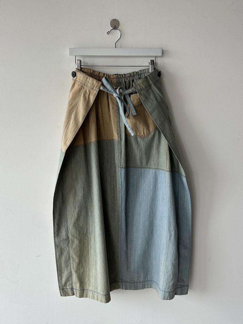 ISSEY MIYAKE HAI - 1980s PATCHWORK DENIM MAXI WRAP SKIRT