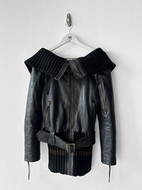 JAPANESE LABEL - late 1990s LEATHER JACKET WITH KNITTED HEM AND ZIP AT BACK