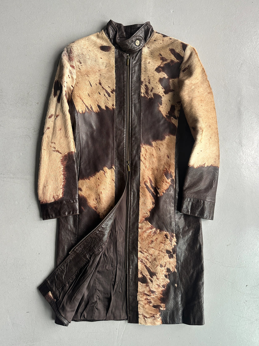 ANNA BIAGINI - 1990s CALF HAIR LEATHER LONG JACKET