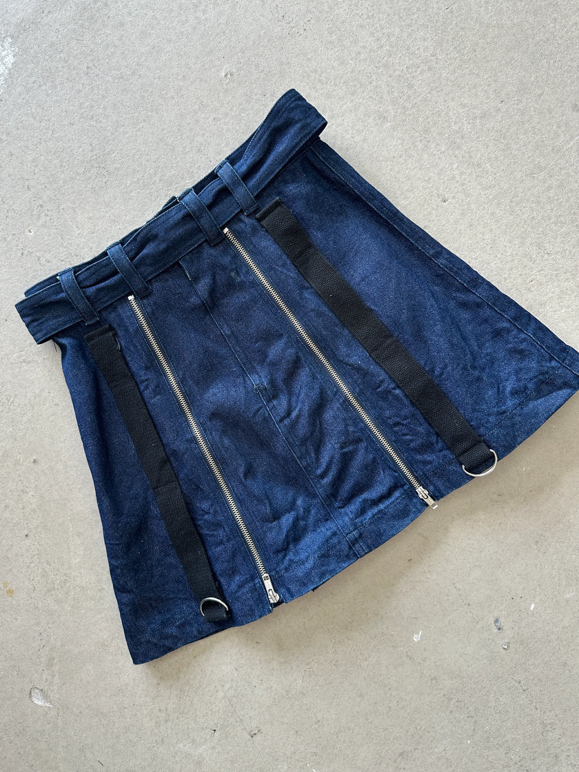 1990s DOUBLE FLAPPY LAYERED BONDAGE MULTI ZIP DENIM SKIRT
