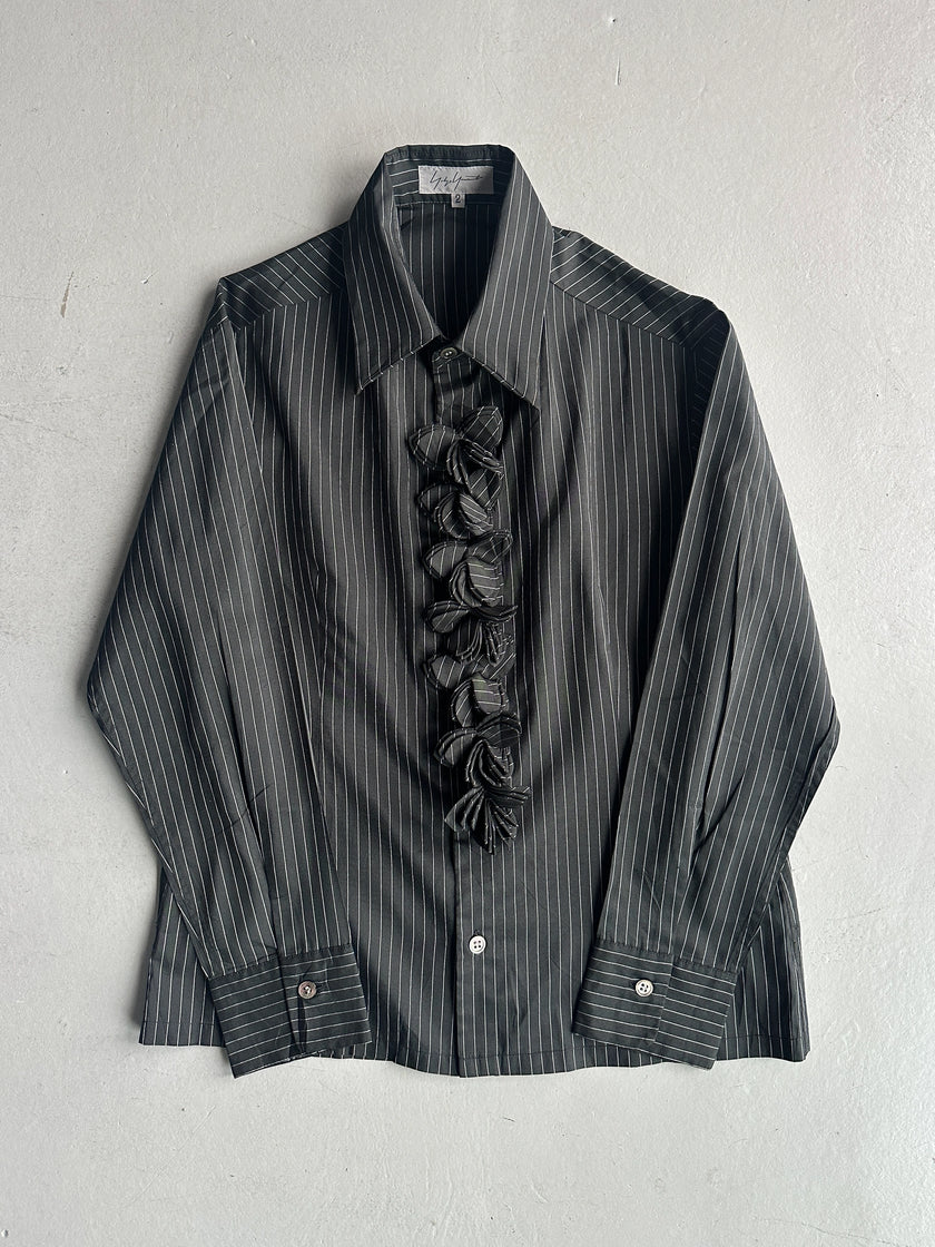 YOHJI YAMAMOTO - S/S 2003 PINSTRIPED SILK SHIRT WITH FLORAL RUFFLE DETAIL AT FRONT