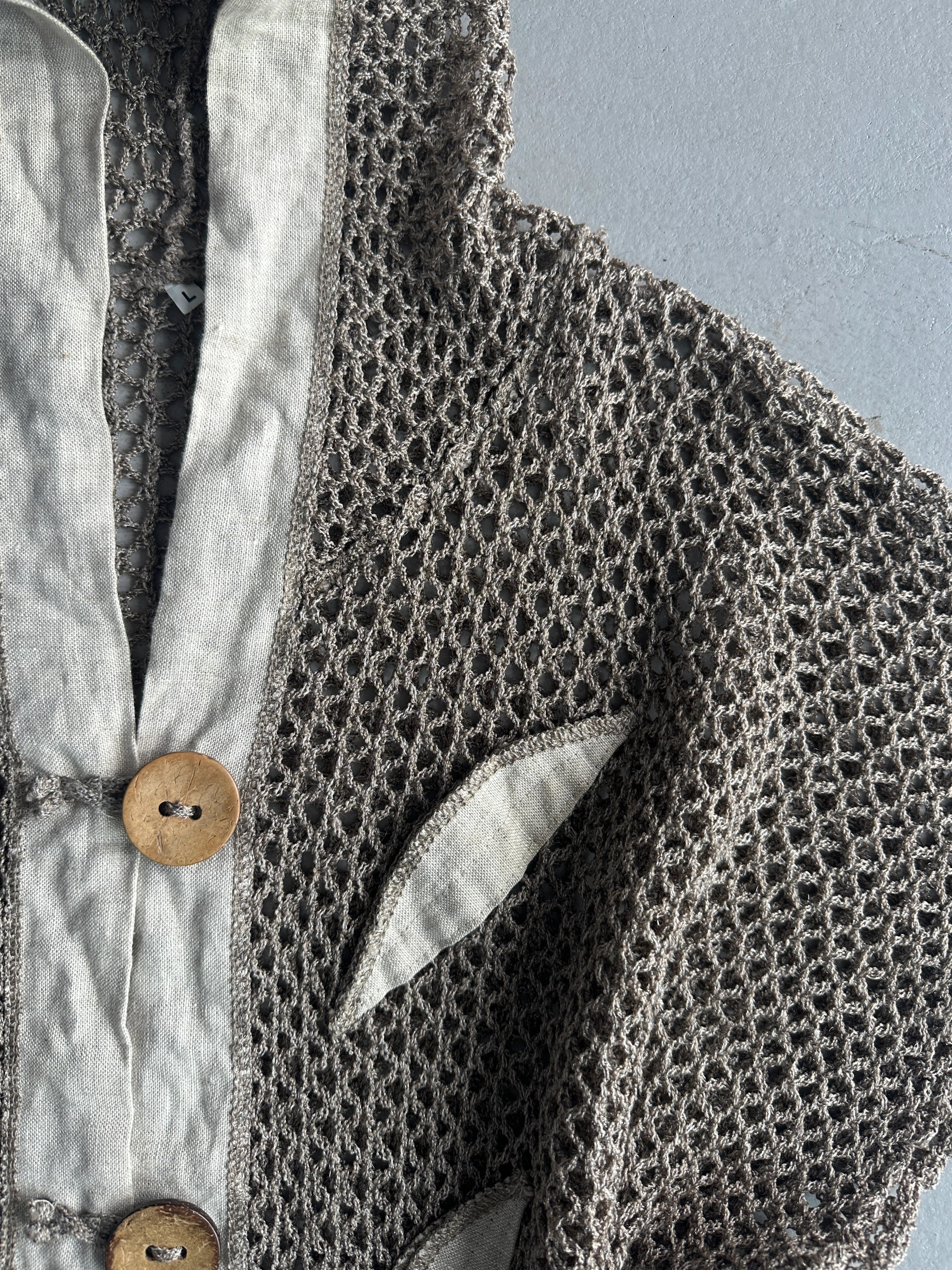 1990s OPEN KNIT HOODED CARDIGAN WITH LINEN DETAILS