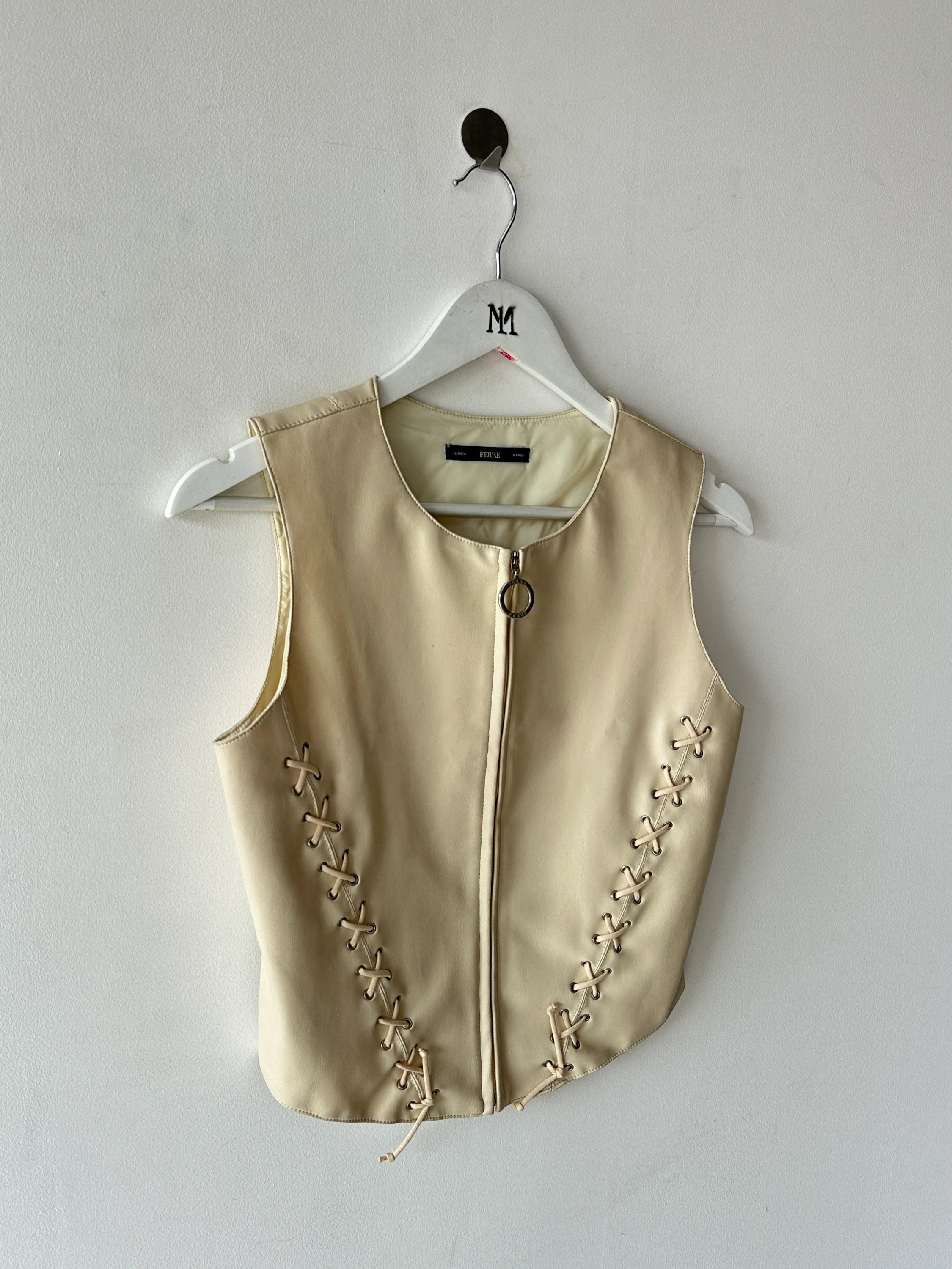 GIANFRANCO FERRÉ - 1990s FAUX LEATHER ZIPPED VEST GILET WITH LACE DETAILING