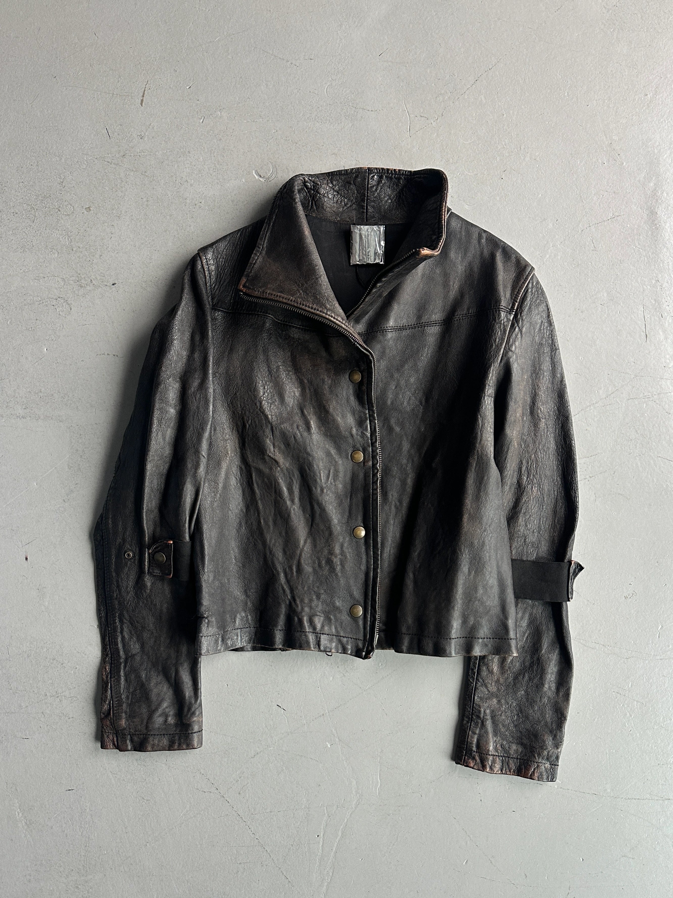 ITALIAN LABEL early 2000s DISTRESSED LEATHER JACKET WITH BONDAGE SLEEVE