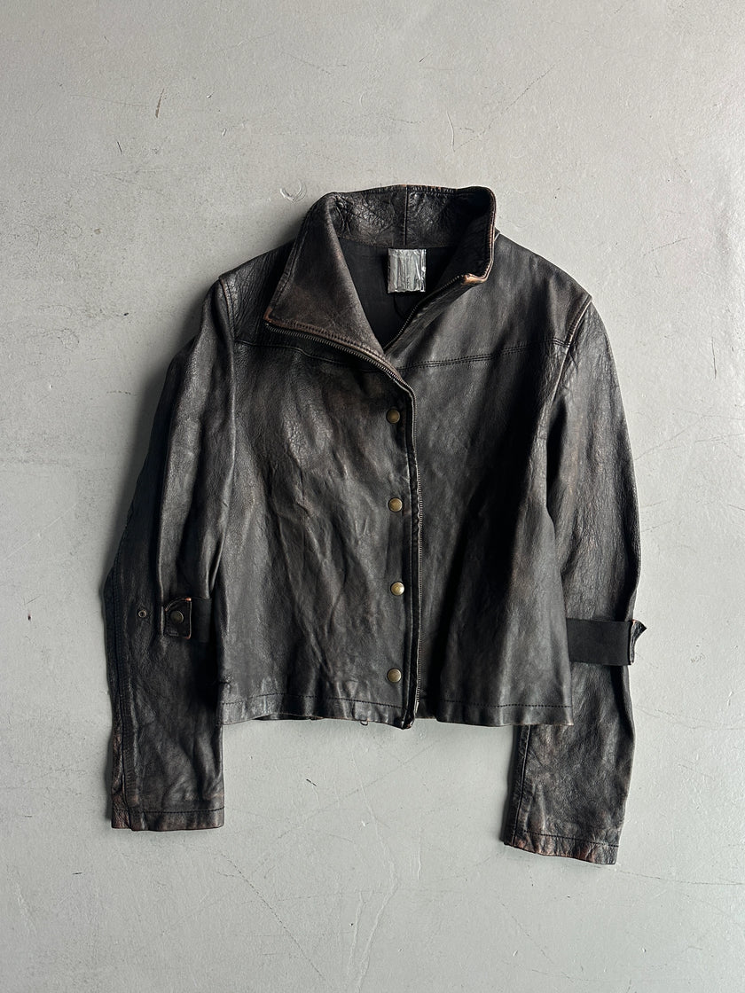 ITALIAN LABEL early 2000s DISTRESSED LEATHER JACKET WITH BONDAGE SLEEVE