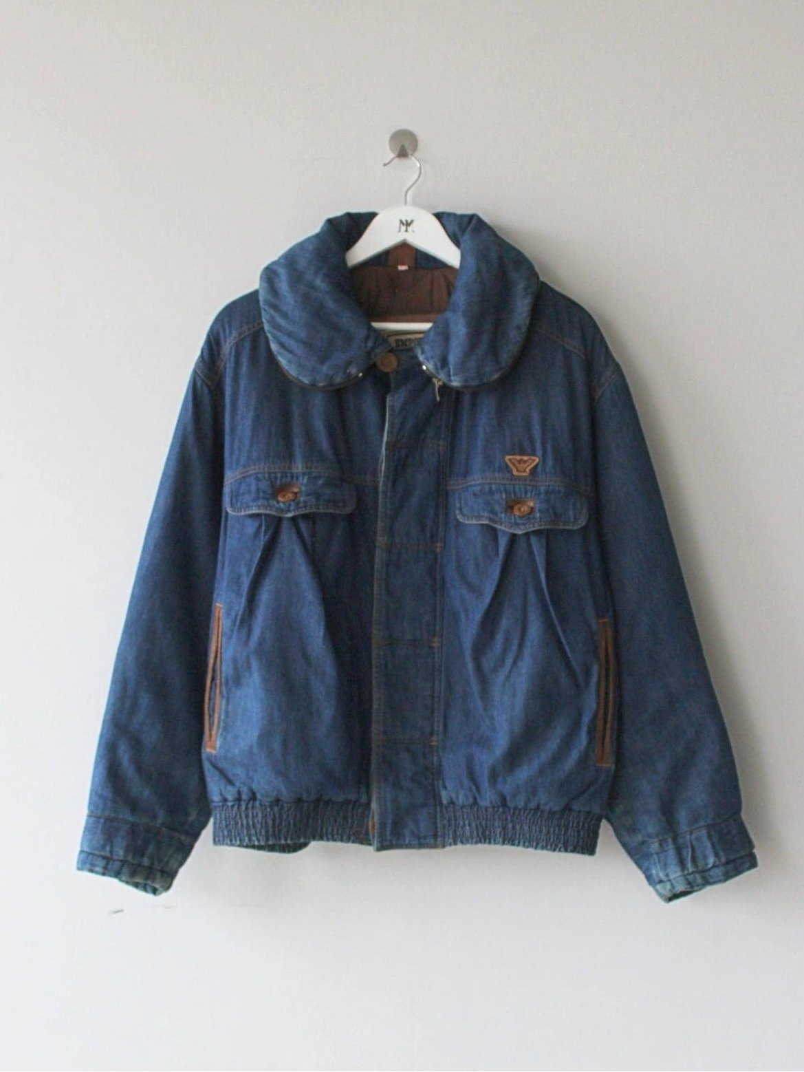 EMPORIO ARMANI 1980s DENIM AVIATOR JACKET WITH SHEARLING INTERIOR