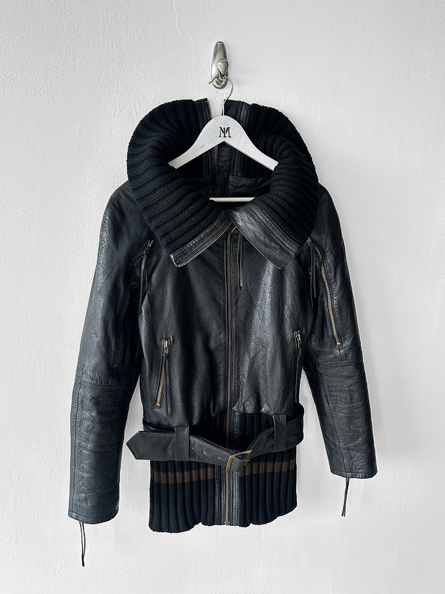 JAPANESE LABEL - late 1990s LEATHER JACKET WITH KNITTED HEM AND ZIP AT BACK