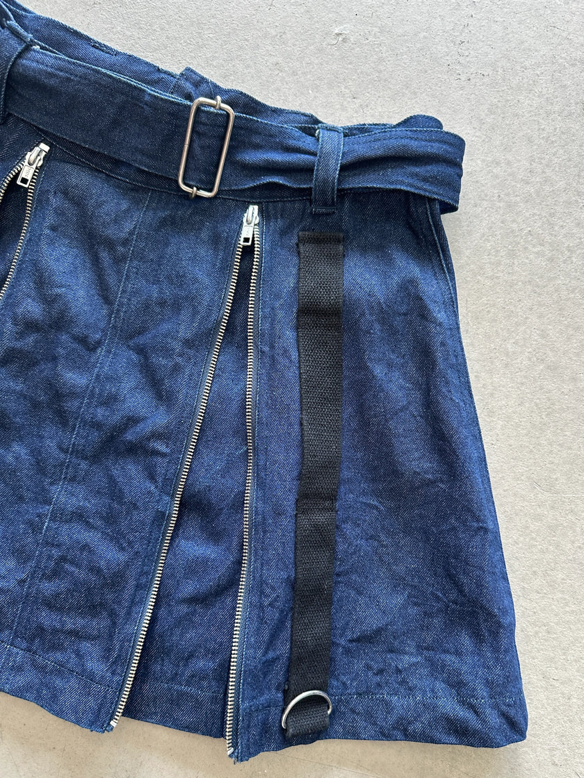 1990s DOUBLE FLAPPY LAYERED BONDAGE MULTI ZIP DENIM SKIRT