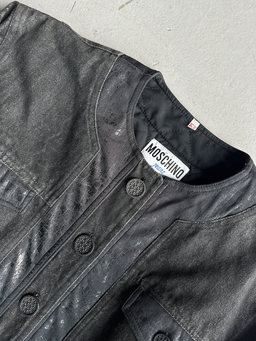 MOSCHINO - 1980s COLLARLESS CROP FIT PADDED DENIM JACKET