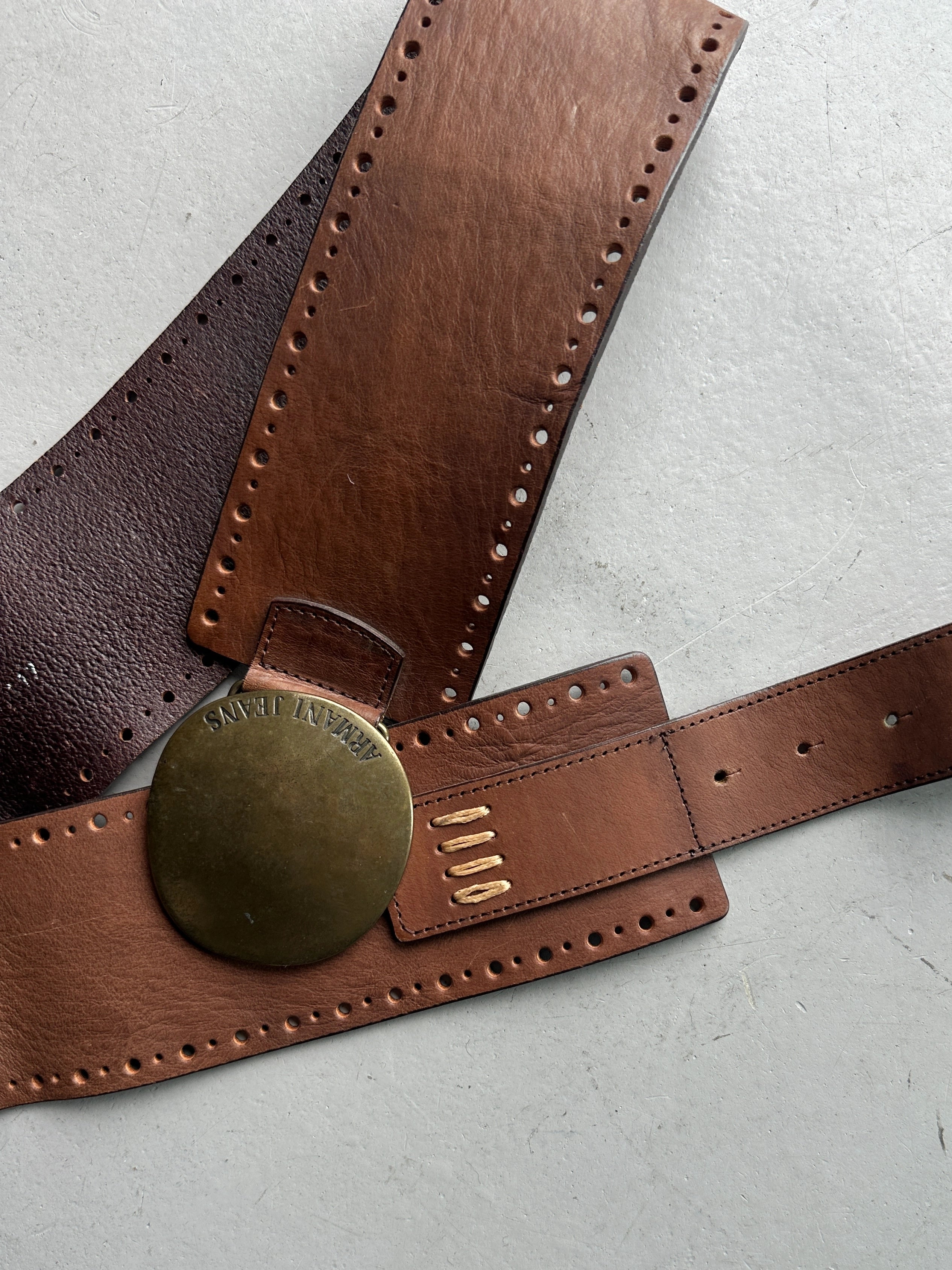 ARMANI JEANS - early 2000s WIDE BELT WITH OVERSIZED ROUNDED BRUSHED BRASS BUCKLE