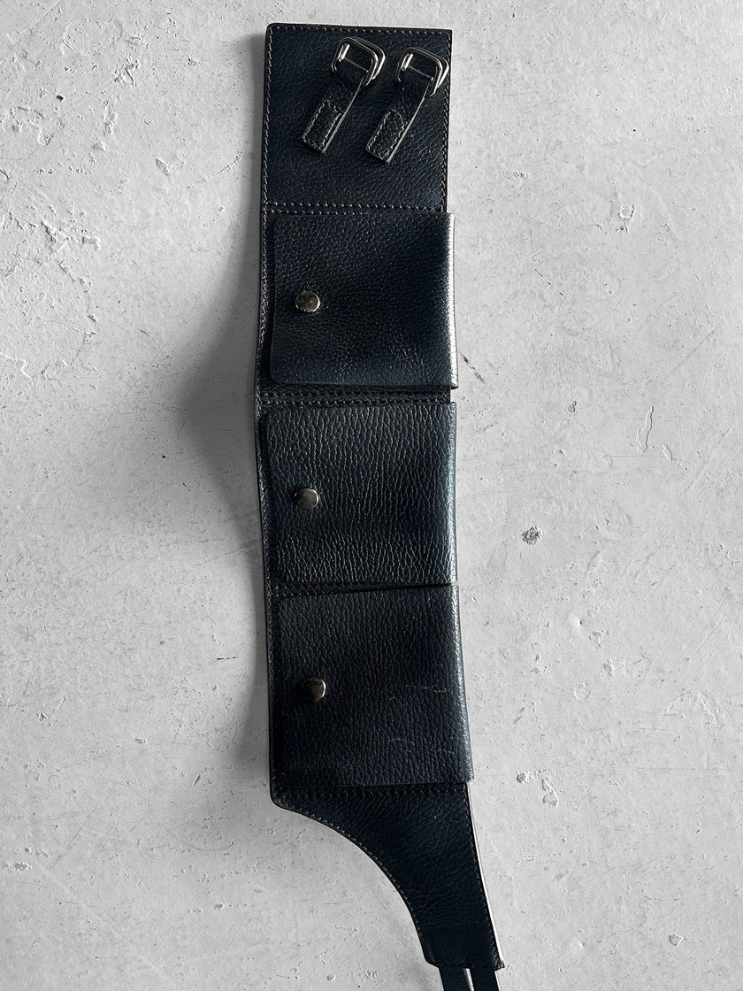 HIROKO KOSHINO - 1990s LEATHER WAIST BELT WITH THREE FLAP POCKETS