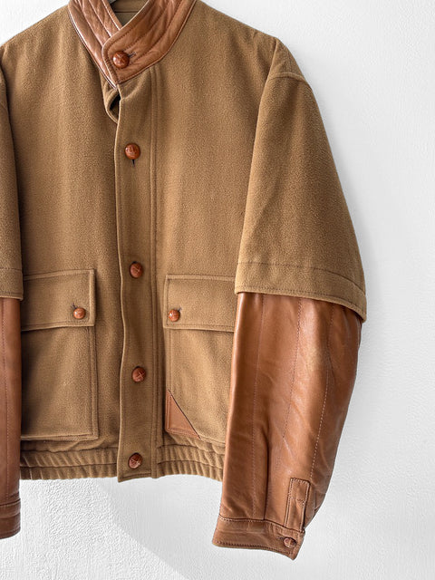 PIERRE BALMAIN - 1980s PANELED BOMBER JACKET WITH CONTRASTING LAYERED LEATHER SLEEVE