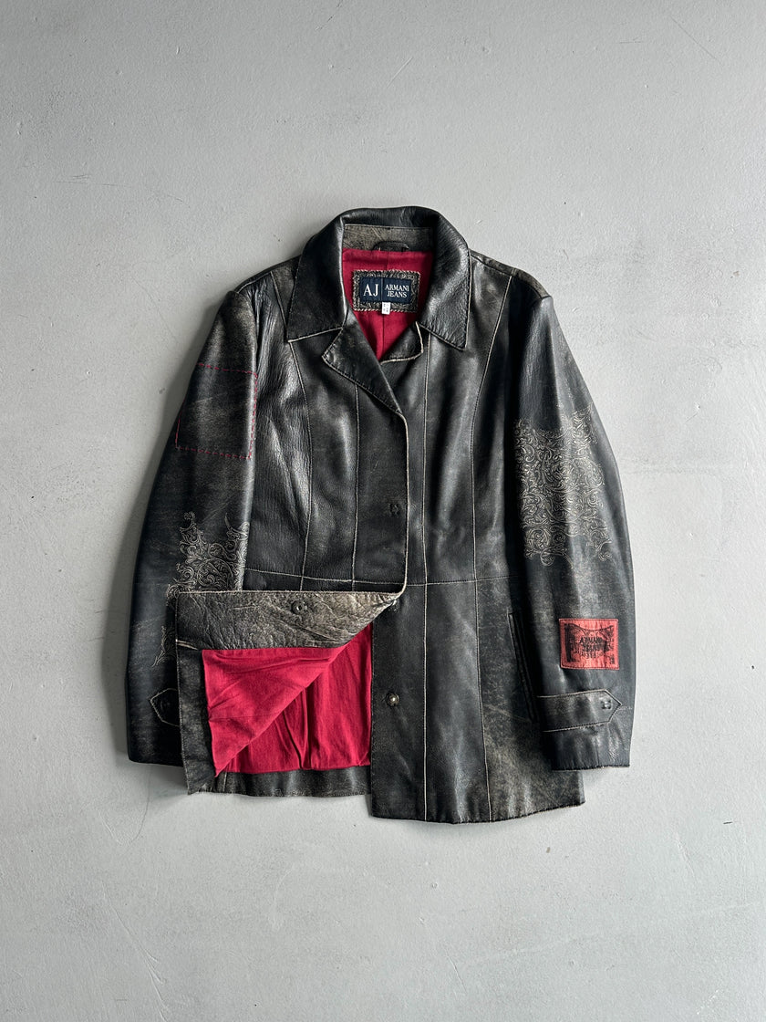 ARMANI JEANS - 1990s DISTRESSED LEATHER ORNAMENTAL PRINTS JACKET