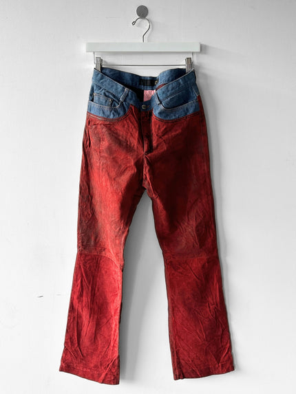 JUST CAVALLI - early 2000s TWO TONE FLARED LEG LEATHER TROUSERS