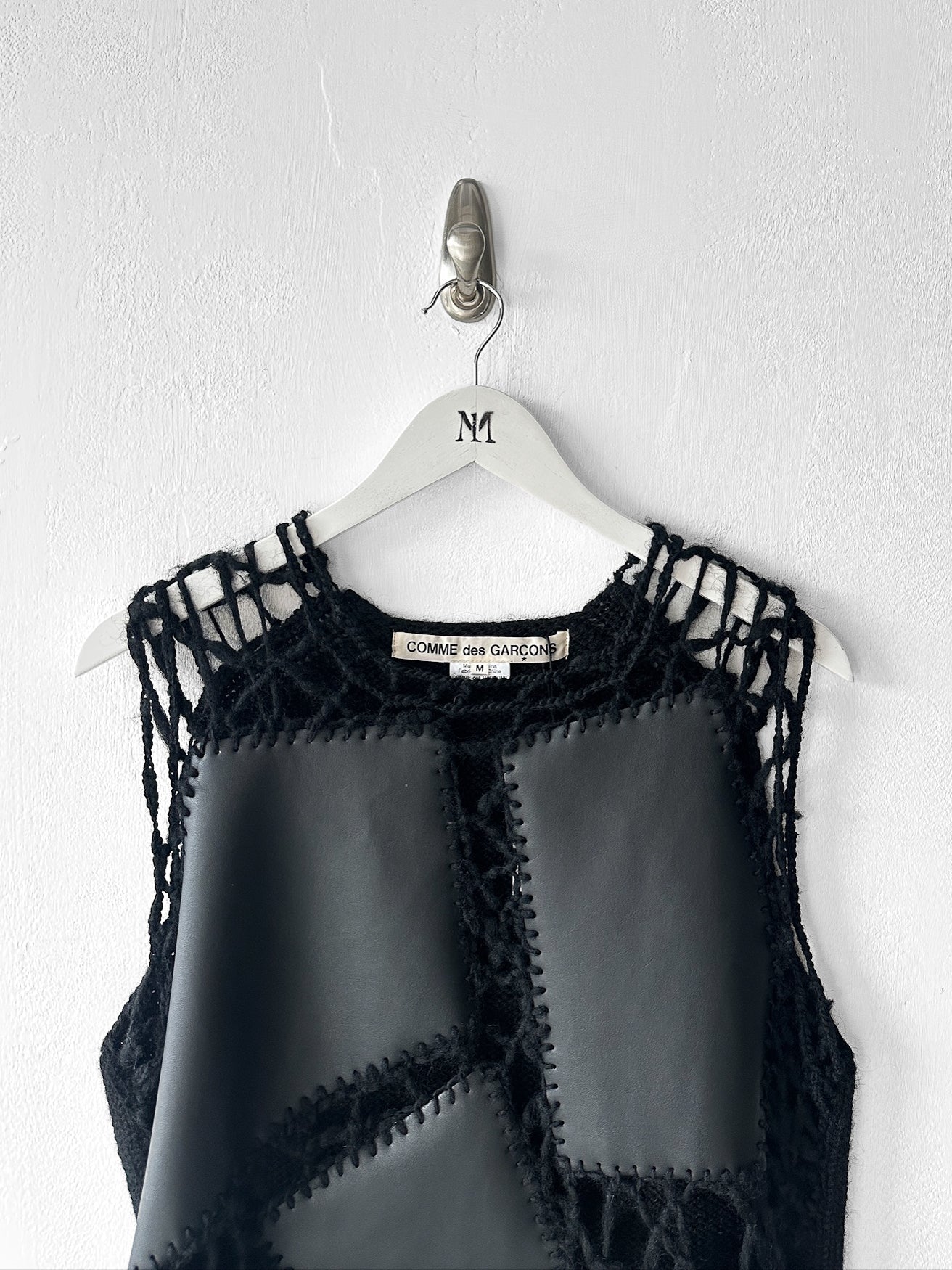 COMME DES GARÇONS - F/W 2024 DECONSTRUCTED CROCHET VEST TOP WITH FAUX LEATHER APPLIQUÉS