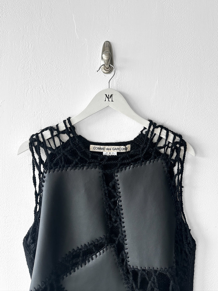 COMME DES GARÇONS - F/W 2024 DECONSTRUCTED CROCHET VEST TOP WITH FAUX LEATHER APPLIQUÉS