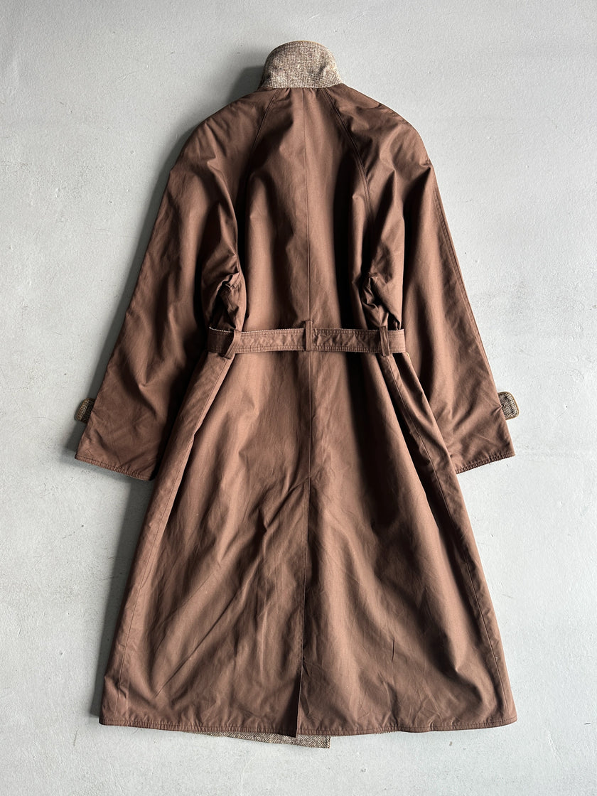 VALENTINO - 1980s BELTED TRENCH COAT WITH CONTRASTING TWEED INTERIOR