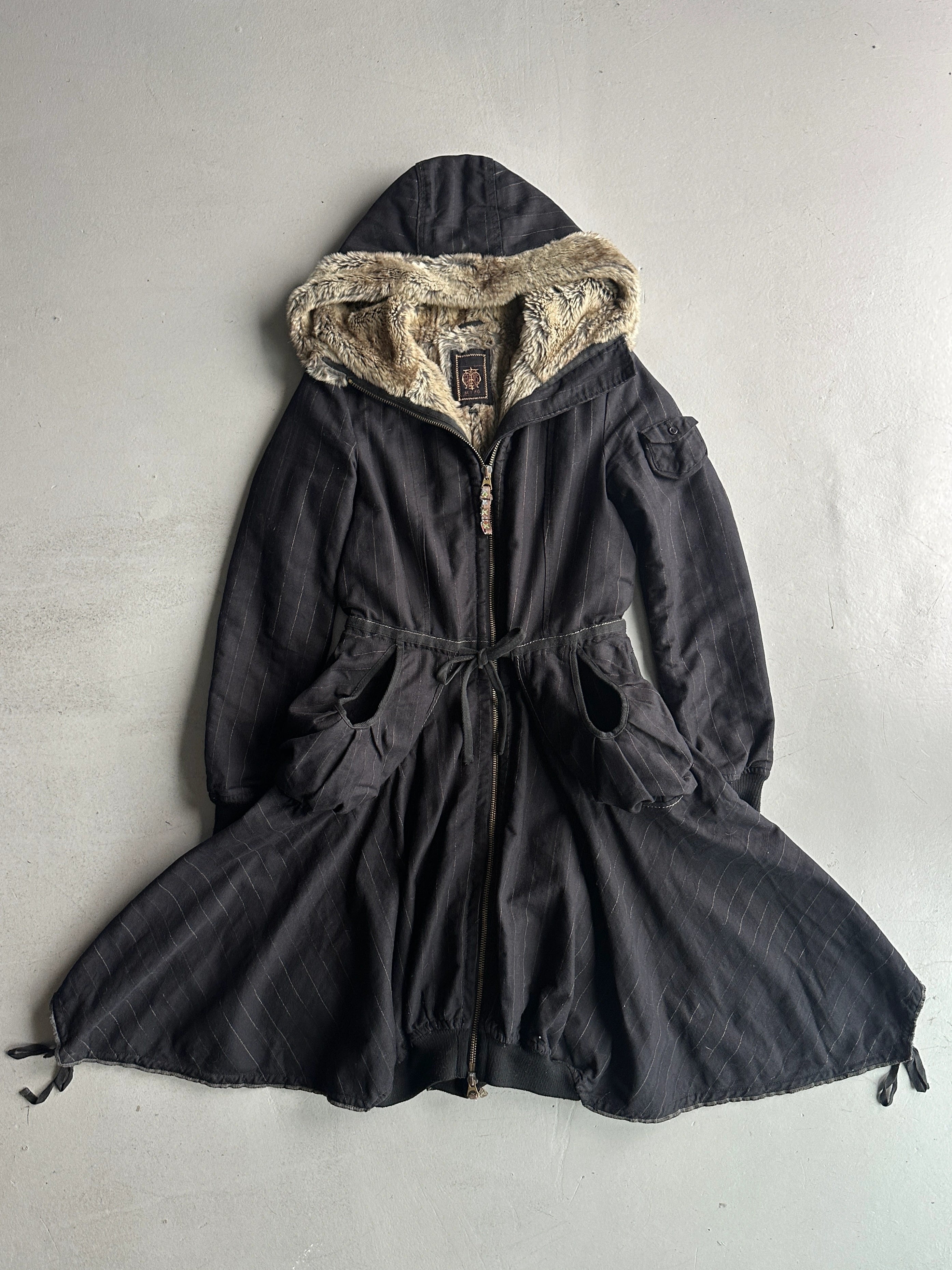 MARITHÉ + FRANÇOIS GIRBAUD - F/W 2005 LONG PINSTRIPE JACKET WITH FAUX FUR HOOD