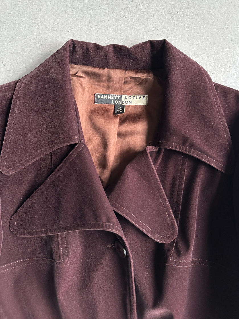 KATHARINE HAMNETT - 1990s VELVET BELTED TRENCH COAT