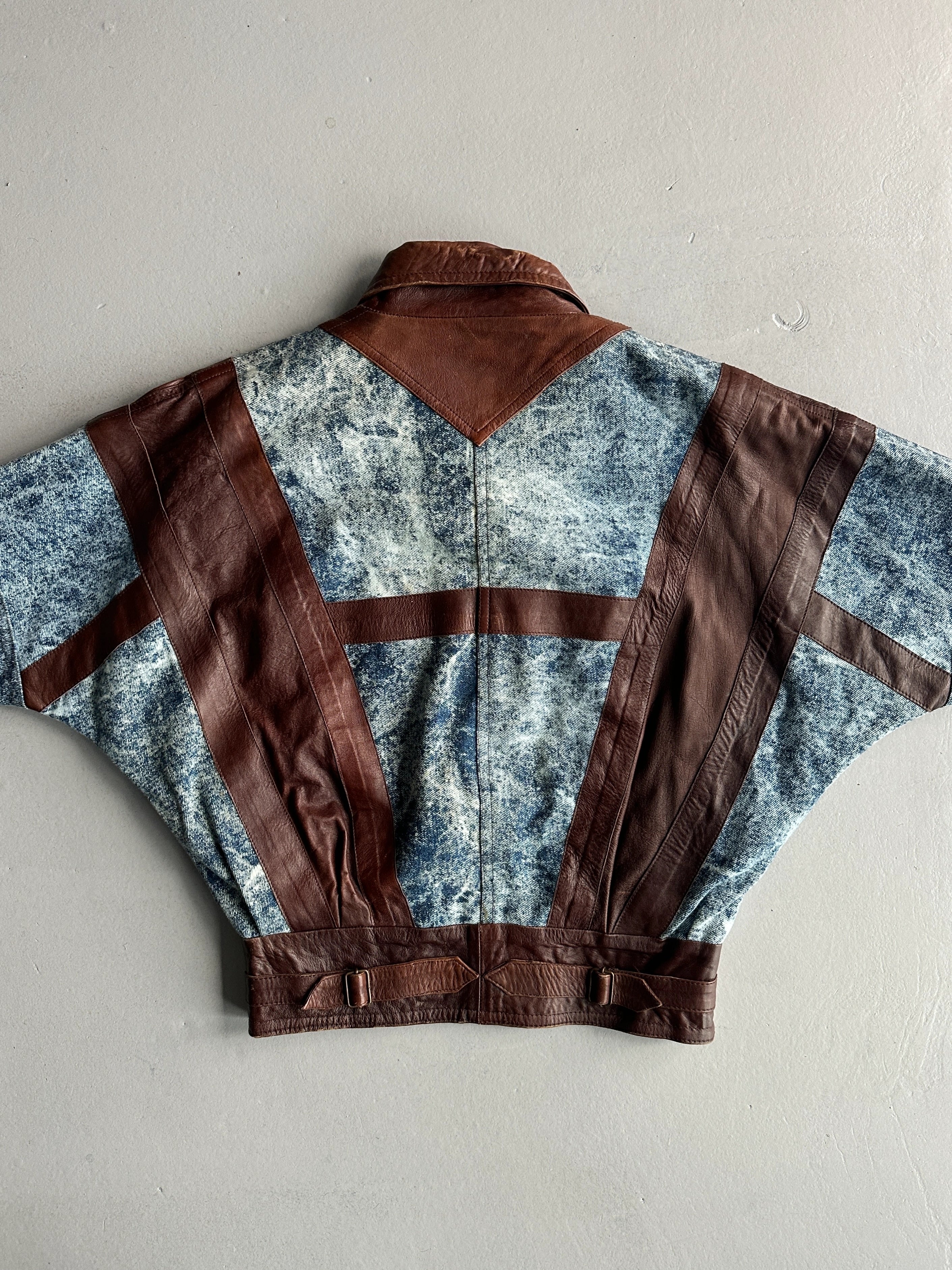 1980s DENIM BOMBER JACKET WITH LEATHER DETAILS