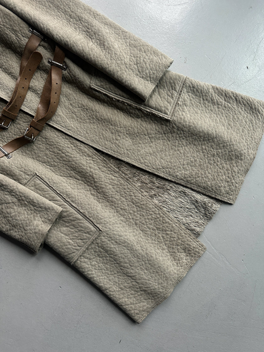 COP COPINE - 2000s RELAXED TEXTURED COAT WITH DOUBLE CROSSED LEATHER BELT