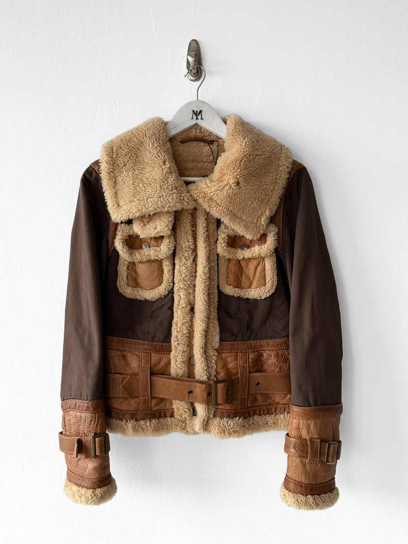 ITALIAN LABEL 1980s PANELLED JACKET WITH LEATHER PANELS AND SHEARLING COLLAR AND TRIMS