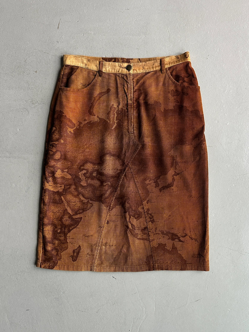 ALVIERO MARTINI - F/W 2003 MAP PRINT CORDUROY SKIRT