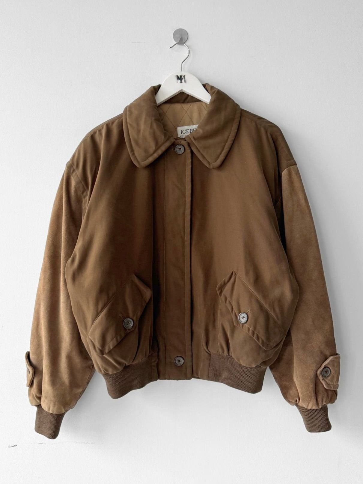 ICEBERG - 1980s BOMBER JACKET WITH CONTRASTING SUEDE SLEEVE AND APPLIQUÉ AT BACK