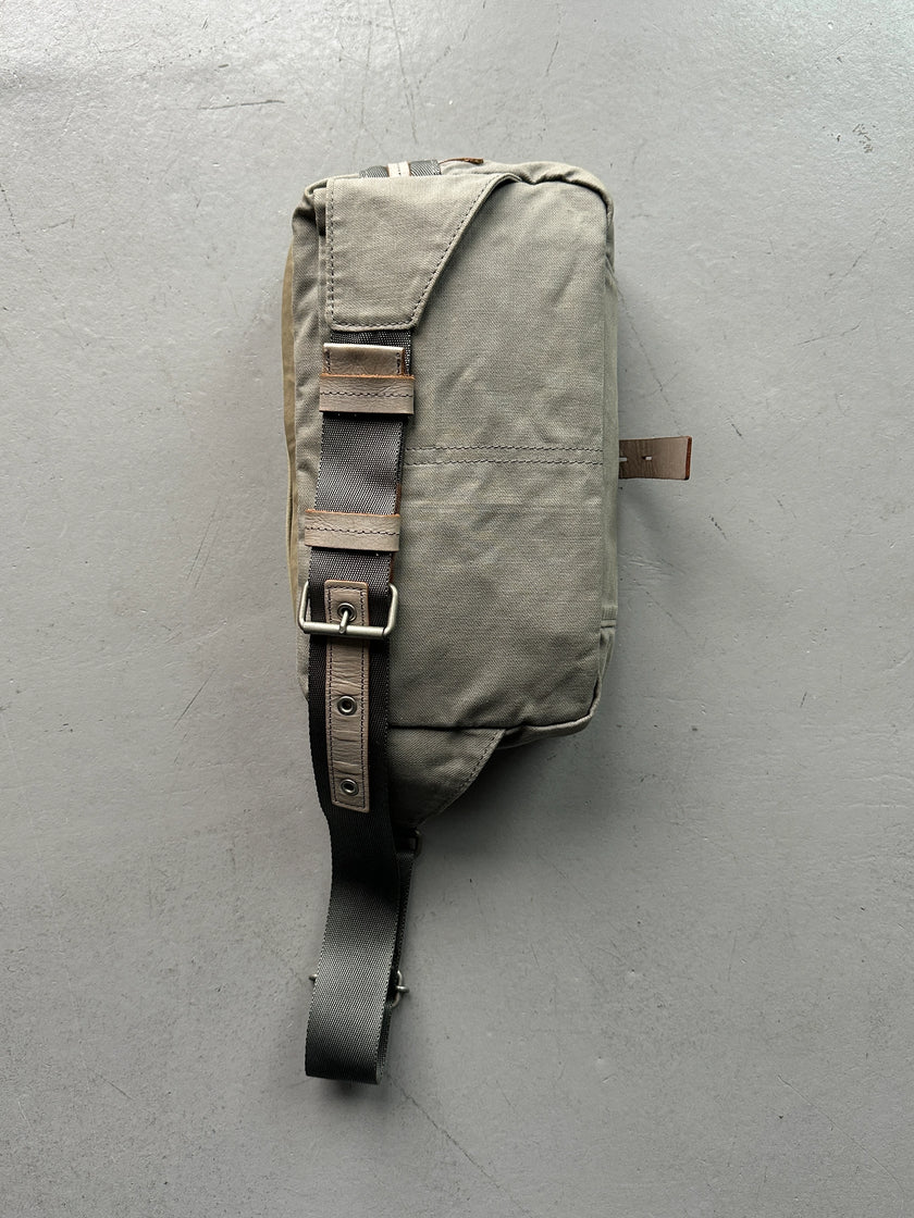 YOHJI YAMAMOTO Y'SACCS - 1990s RECTANGULAR BUM BAG WITH DISTRESSED LEATHER FRONT PANEL