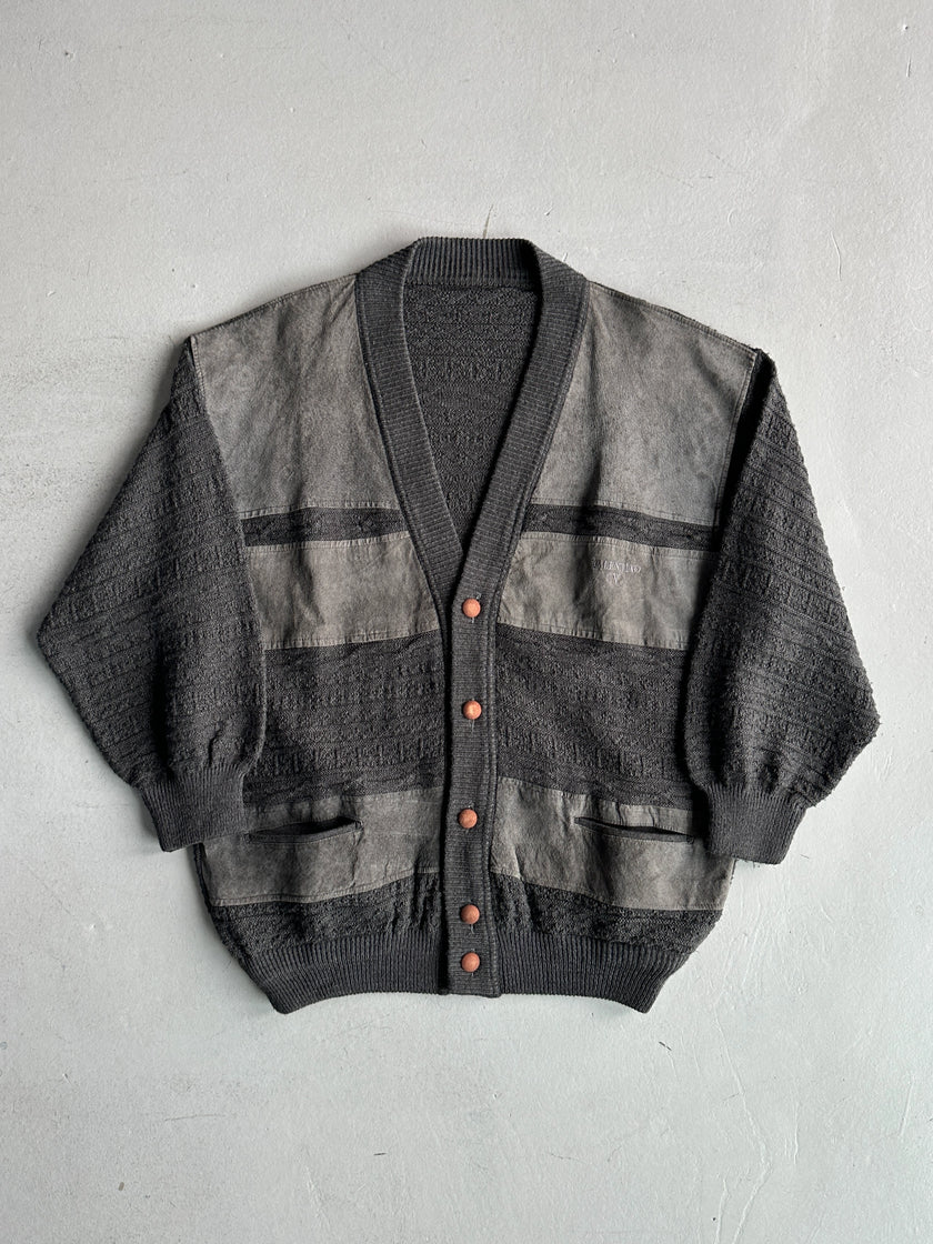 VALENTINO - 1990s PANELED WOOL CARDIGAN WITH SUEDE PATCHES