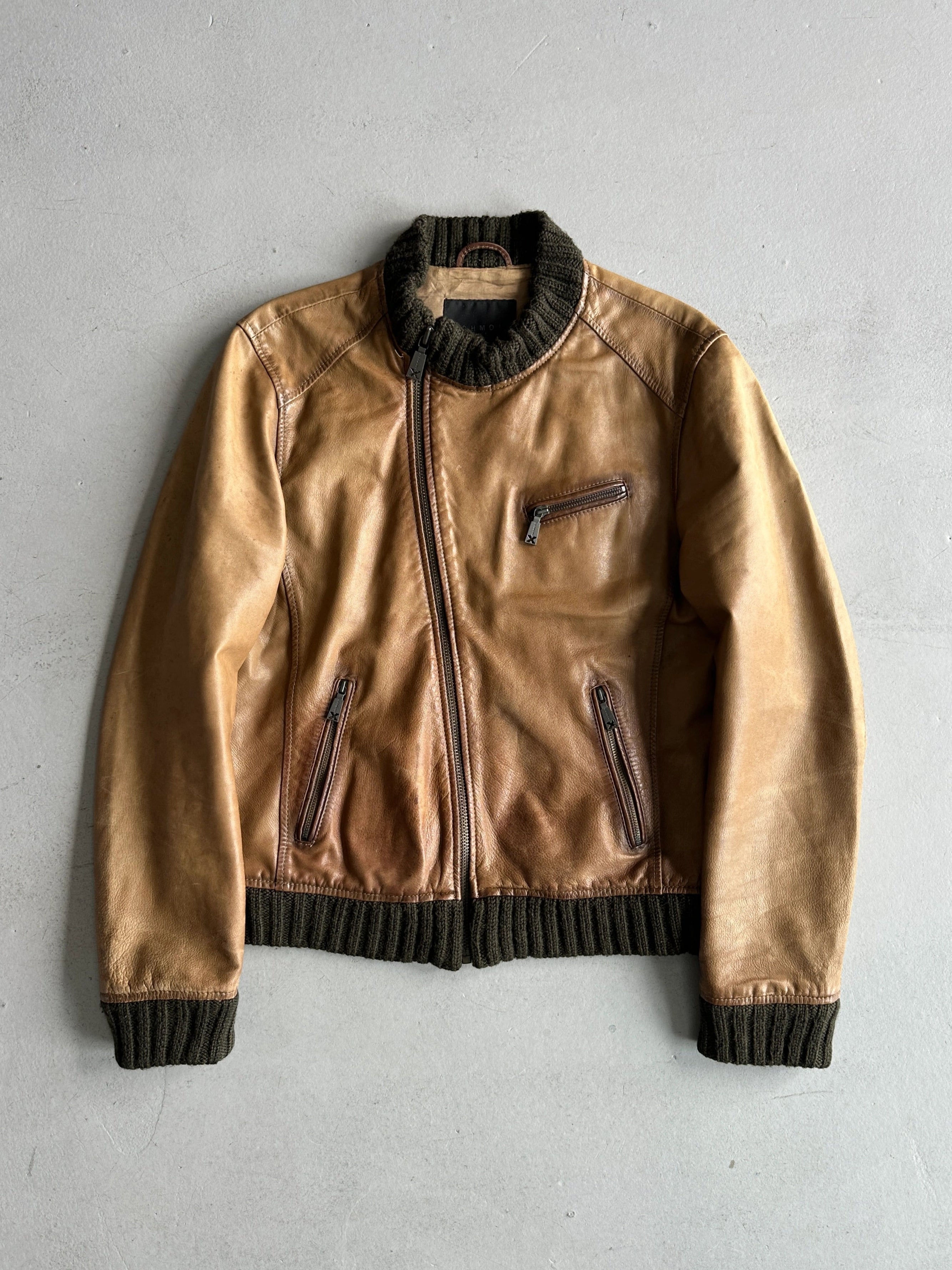 JOHN RICHMOND X - F/W 2005 LEATHER BIKER JACKET WITH KNITTED COLLAR