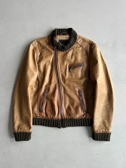 JOHN RICHMOND X - F/W 2005 LEATHER BIKER JACKET WITH KNITTED COLLAR