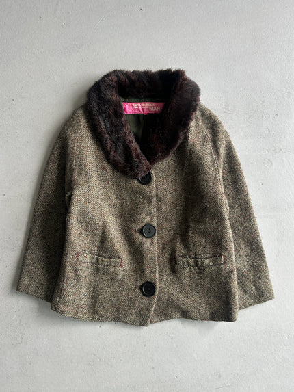 JUNYA WATANABE COMME DES GARÇONS MAN - A/W 2004 FUR COLLAR TWEED BLAZER WITH OVERSIZED BUTTONS