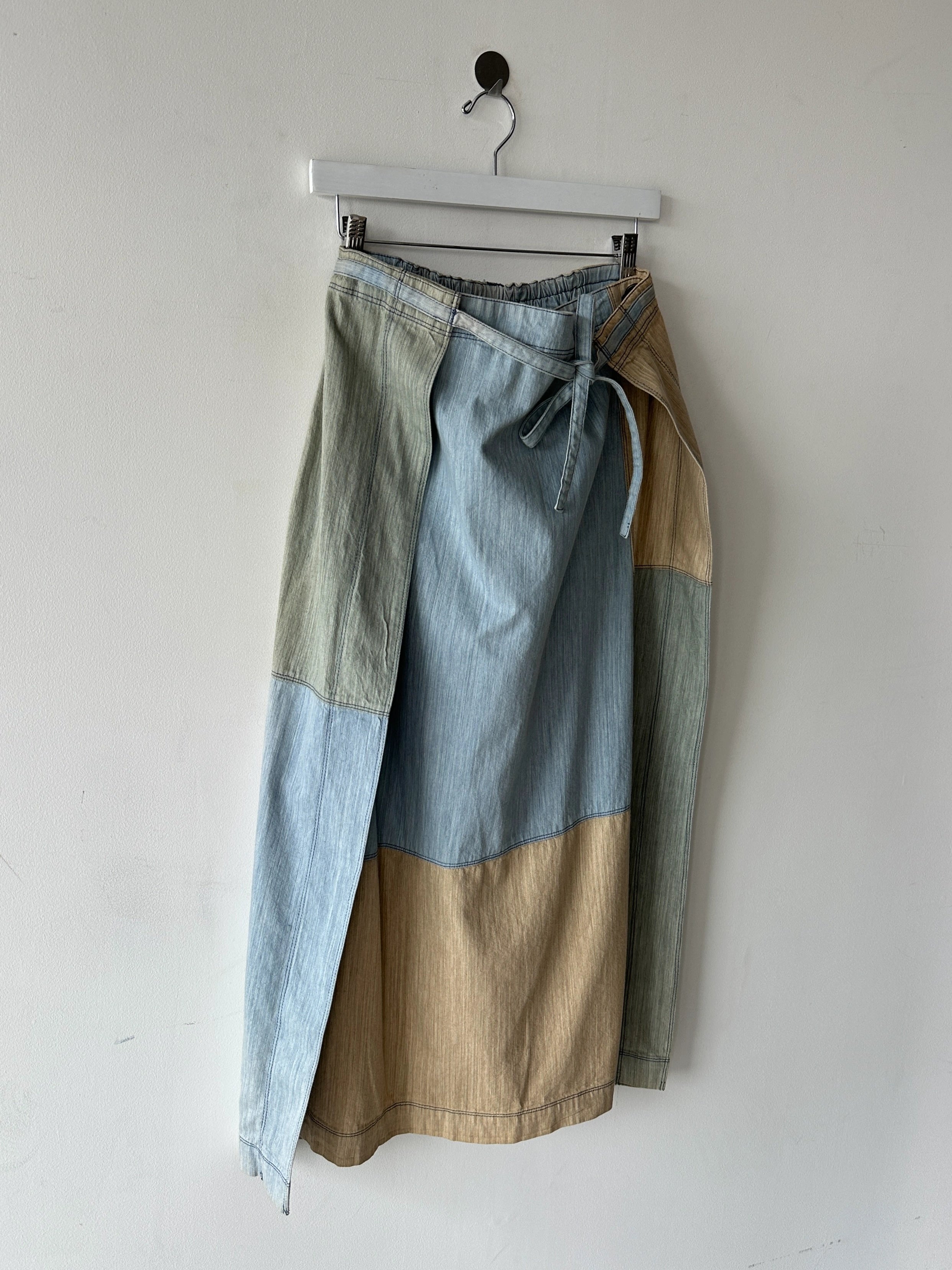 ISSEY MIYAKE HAI - 1980s PATCHWORK DENIM MAXI WRAP SKIRT