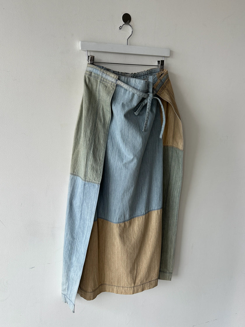 ISSEY MIYAKE HAI - 1980s PATCHWORK DENIM MAXI WRAP SKIRT
