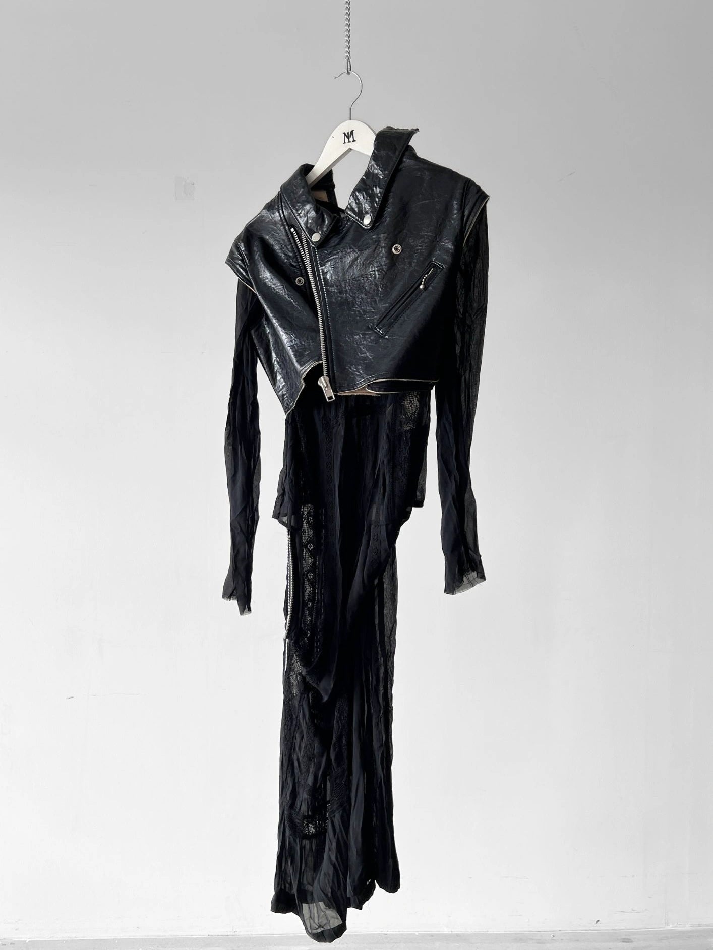 JUNYA WATANABE A/W 2007 ASYMMETRICAL LACE DRESS WITH BIKER JACKET