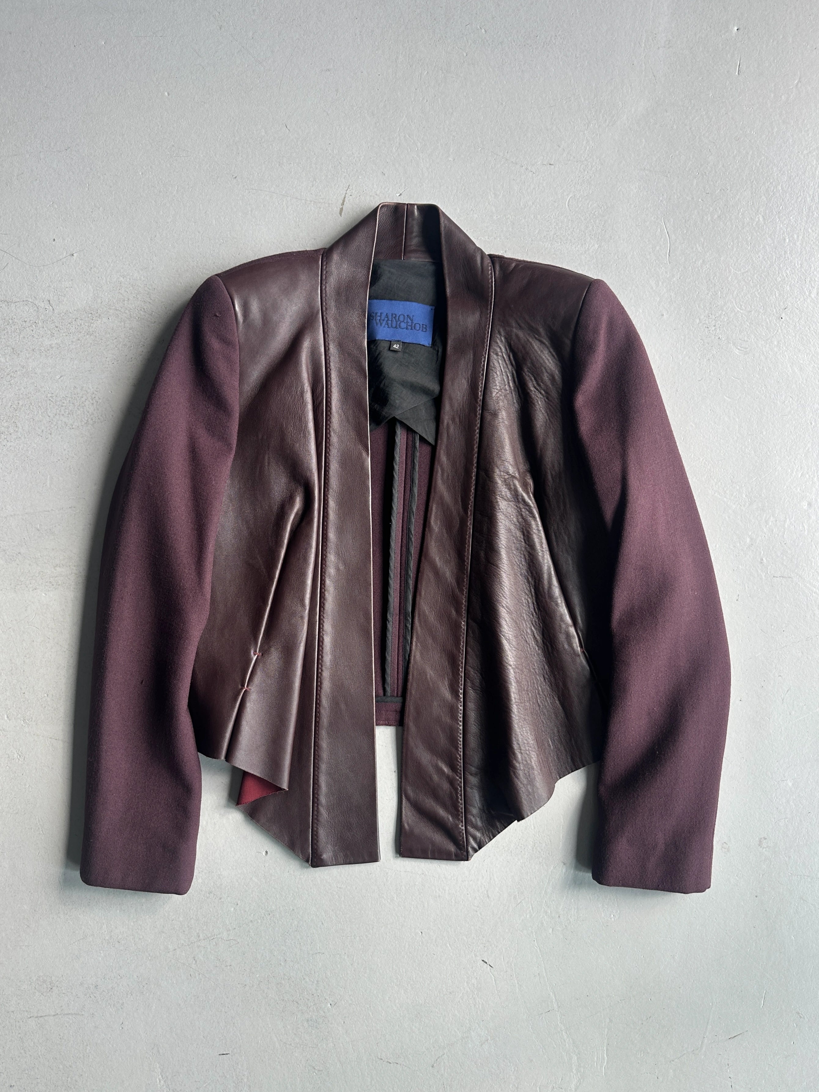 SHARON WAUCHOB - 2000s LEATHER FRONT DRAPED BLAZER
