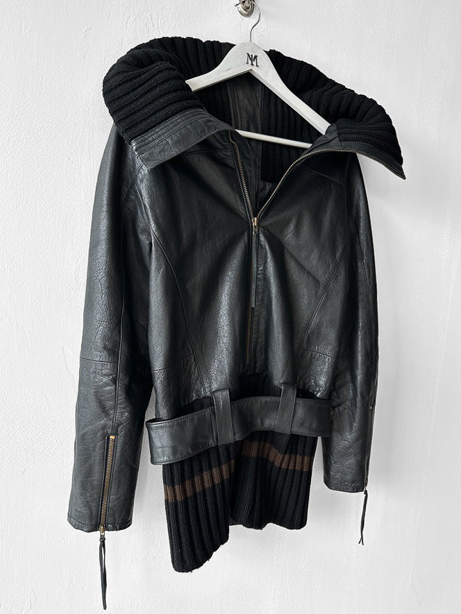 JAPANESE LABEL - late 1990s LEATHER JACKET WITH KNITTED HEM AND ZIP AT BACK