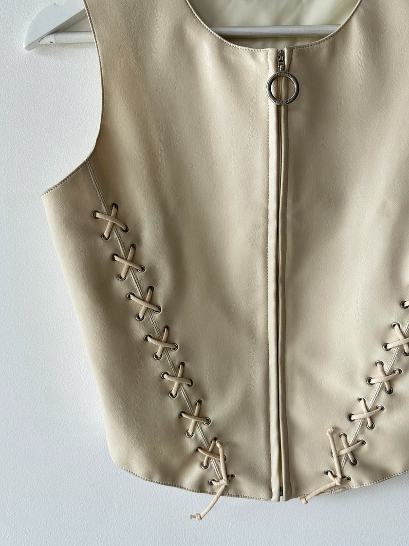 GIANFRANCO FERRÉ - 1990s FAUX LEATHER ZIPPED VEST GILET WITH LACE DETAILING