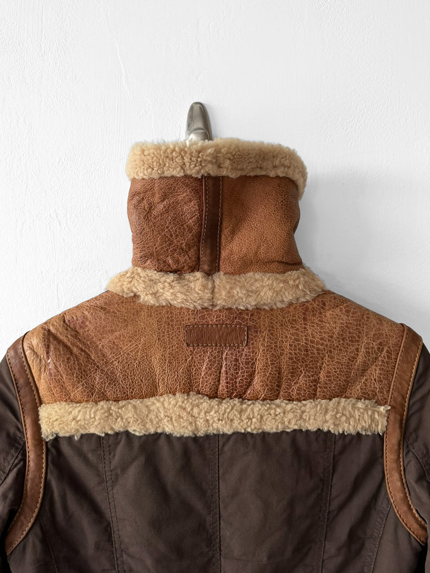 ITALIAN LABEL 1980s PANELLED JACKET WITH LEATHER PANELS AND SHEARLING COLLAR AND TRIMS