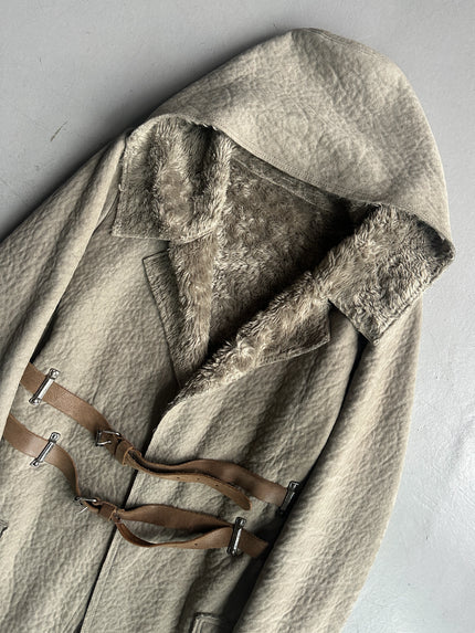 COP COPINE - 2000s RELAXED TEXTURED COAT WITH CROSSED DOUBLE LEATHER BELT
