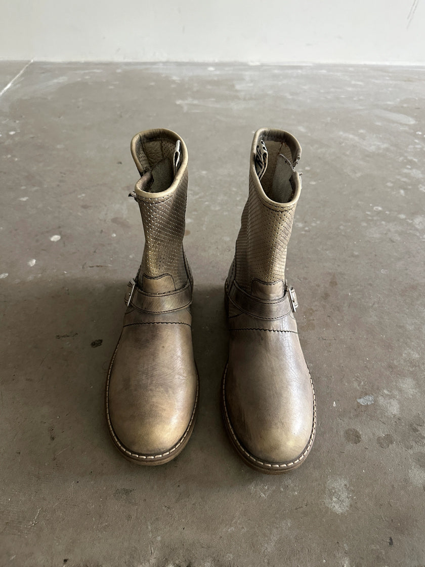 BIKKEMBERGS - 2000s PERFORATED DISTRESSED LEATHER ANKLE BOOTS