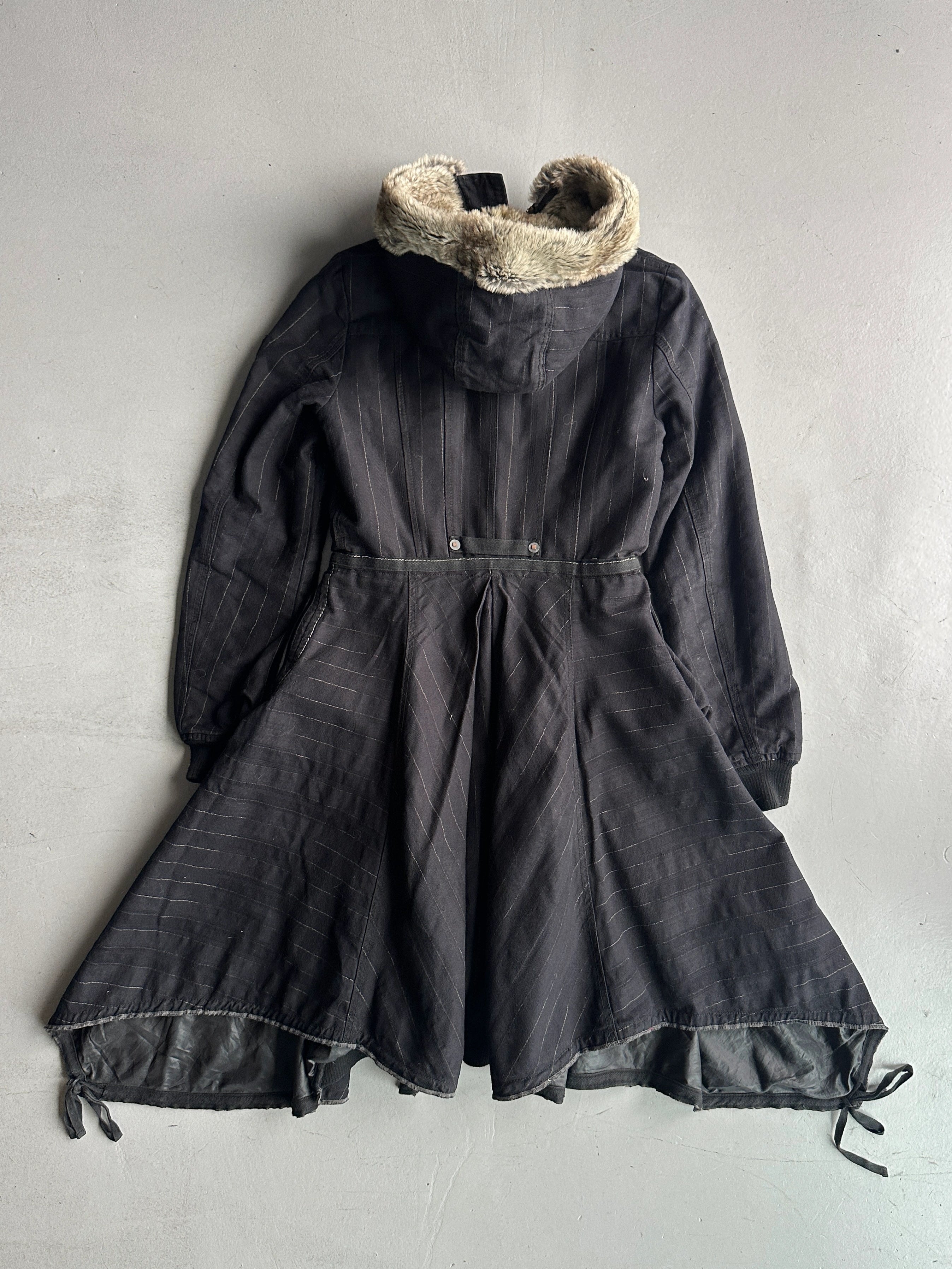 MARITHÉ + FRANÇOIS GIRBAUD - F/W 2005 LONG PINSTRIPE JACKET WITH FAUX FUR HOOD