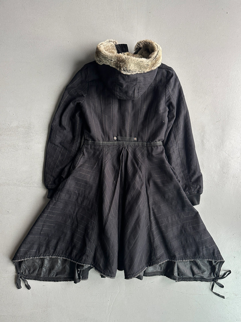 MARITHÉ + FRANÇOIS GIRBAUD - F/W 2005 LONG PINSTRIPE JACKET WITH FAUX FUR HOOD